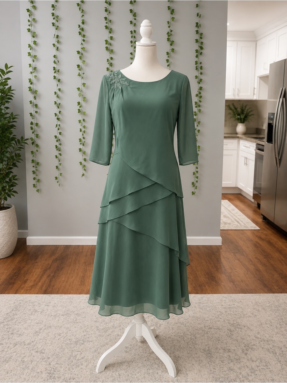 Elegant Green Layered Midi Dress with Embroidered Shoulder